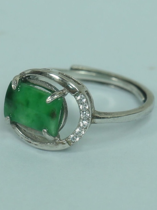 925 Silver Cert'd Genuine Untreated Green Emerald A Jadeite Ring Gift - Picture 1 of 12